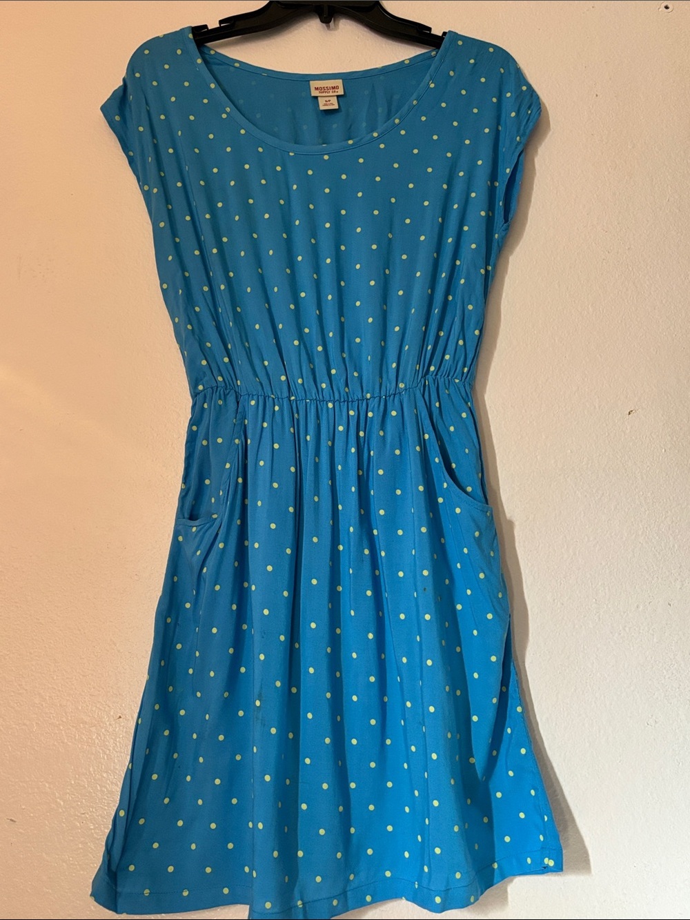 Vintage Mossimo Supply Co. Blue & Yellow Polka Dot Cap Sleeve Dress w/ Pockets